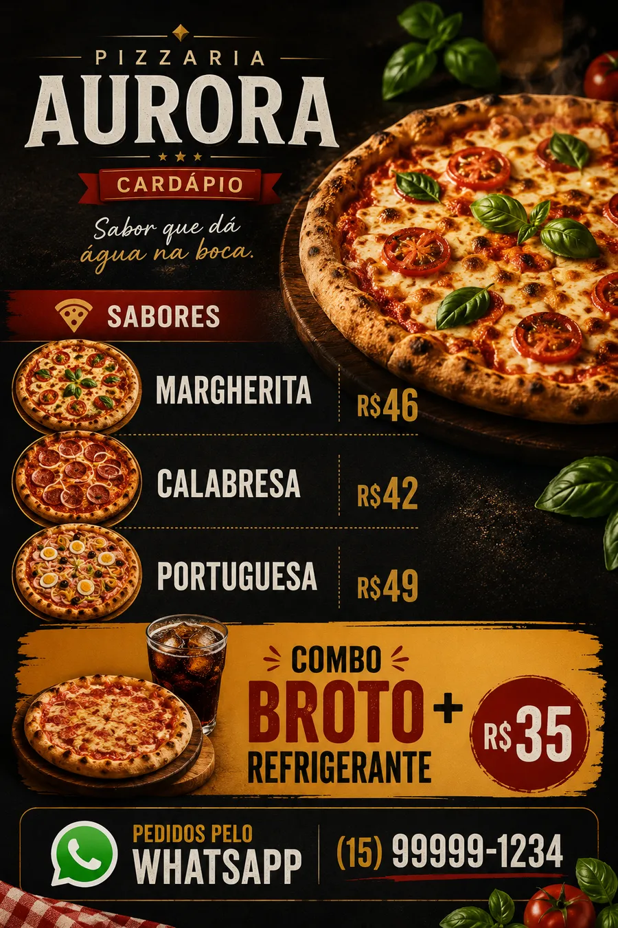 Cardápio de pizzaria organizado, com hierarquia clara de informação